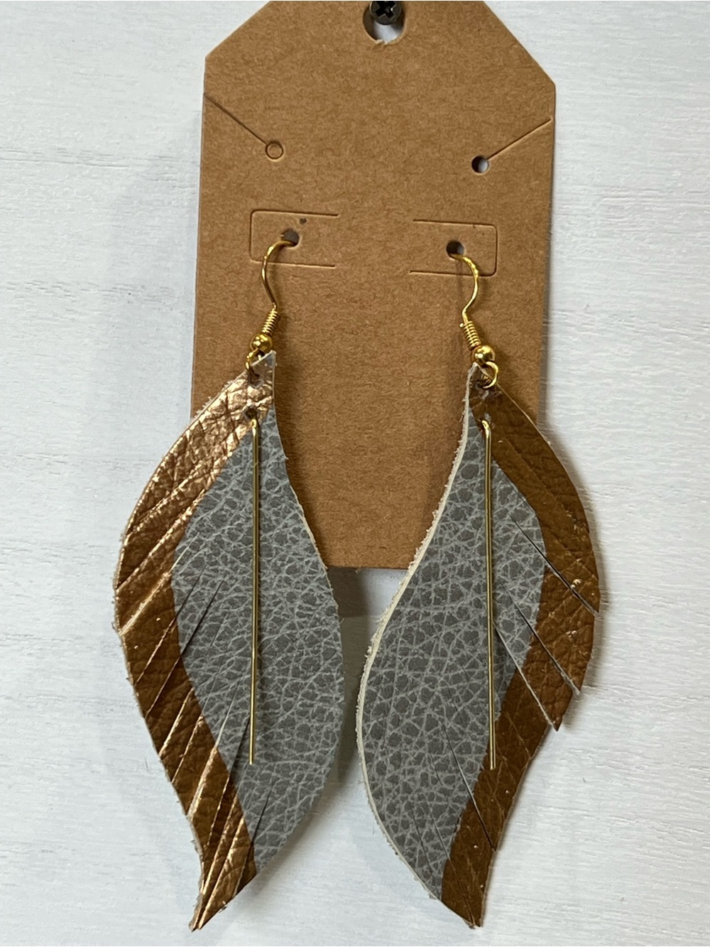 Gray and Gold Fringe Leaf Drop Earrings for Women